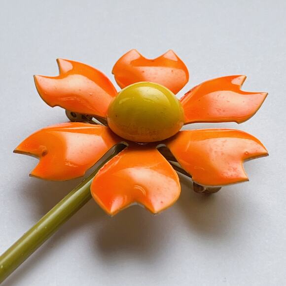 VTG 1960s Brooch Enamel Flower Orange Chartreuse Long Stem Mod Jewelry - Picture 3 of 10